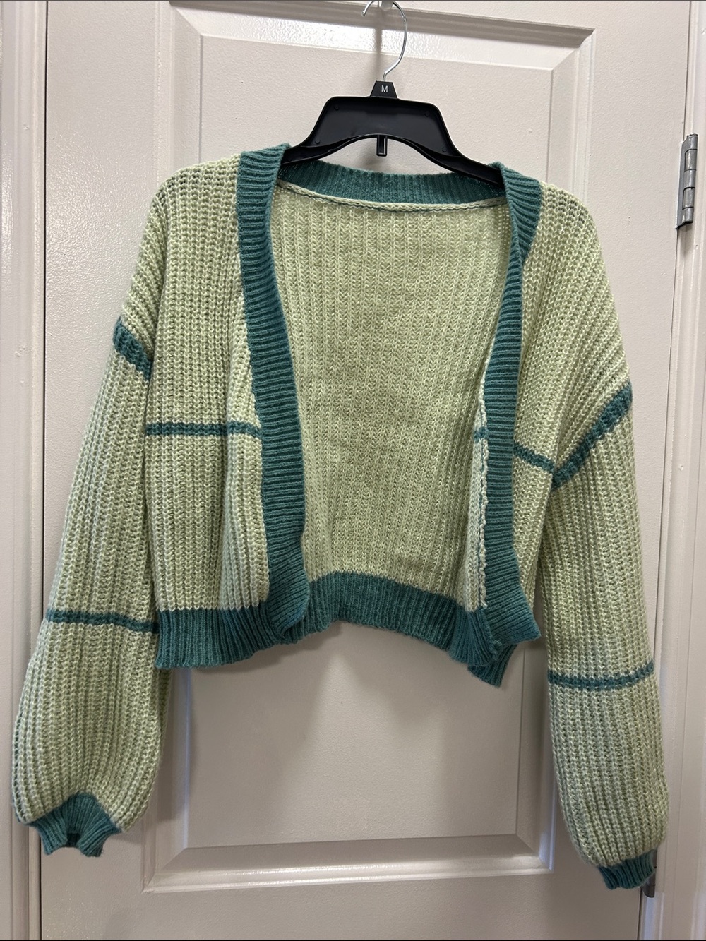 Sage Green Cropped Cardigan with Teal Trim